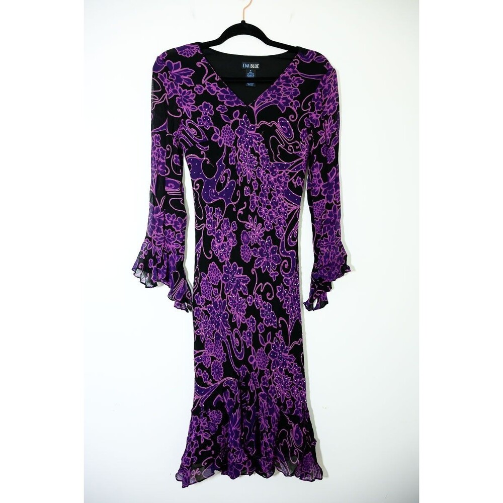Eva Blue Dress 8 Purple Y2K bell flair sleeves Fairy whimsigoth Hoco Maxi Vintag